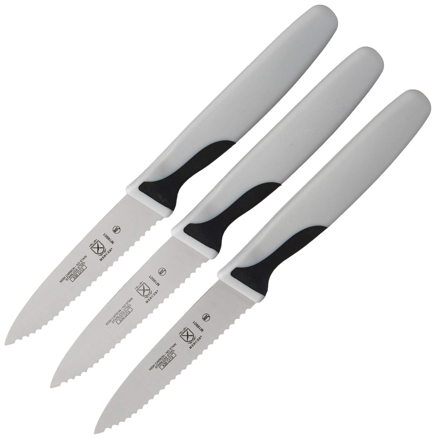Mercer Culinary M19903 Millennia Black Handle, 3-Inch Slim Serrated Paring Knives (3-Pack), Paring Knife
