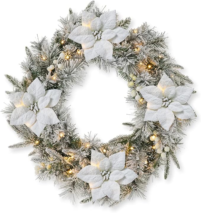 Glitzhome 24" D Pre-Lit Snow Flocked Greenery Pine Poinsettia Christmas Wreath, with 50 Warm White Lights with Timer