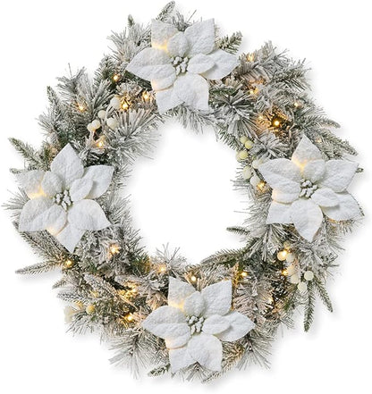 Glitzhome 24" D Pre-Lit Snow Flocked Greenery Pine Poinsettia Christmas Wreath, with 50 Warm White Lights with Timer