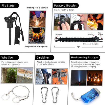 Emergency Survival Kit, 151 Pcs Survival Gear First Aid Kit, Outdoor Trauma Bag with Tactical Flashlight Knife Pliers Pen Blanket Bracelets Compass for Camping Earthquake or Adventures (Black)