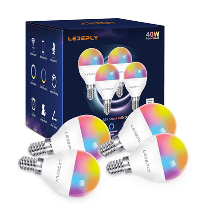 A15 LED Smart Bulb, 5W=40W,Compatible with Alexa, Google Assistant, E12 Base, Dimmable, 2.4G WiFi ONLY, RGB Color Changing, Tunable White 2700K-6500K, Globe Shape, G45 Ceiling Fan Light Bulbs 4 Pack