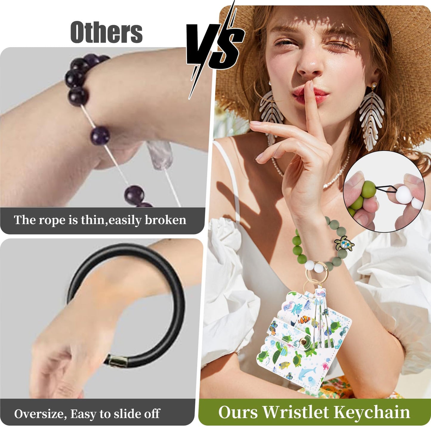 elephtree Wristlet Wallet Keychain,Beaded Silicone Bracelet PU Leather Card Holder Tassel Key Ring Bangle for Women Girls(Turtle)