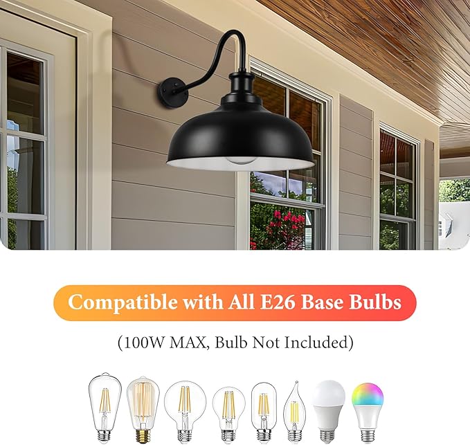Dusk to Dawn Outdoor Gooseneck Barn Light,16 Inch Dome Outdoor Wall Sconce Farmhouse Exterior Wall Mount Light Wall Lighting Fixture Industrial Black Wall Lantern for Porch Garage, 3 Pack