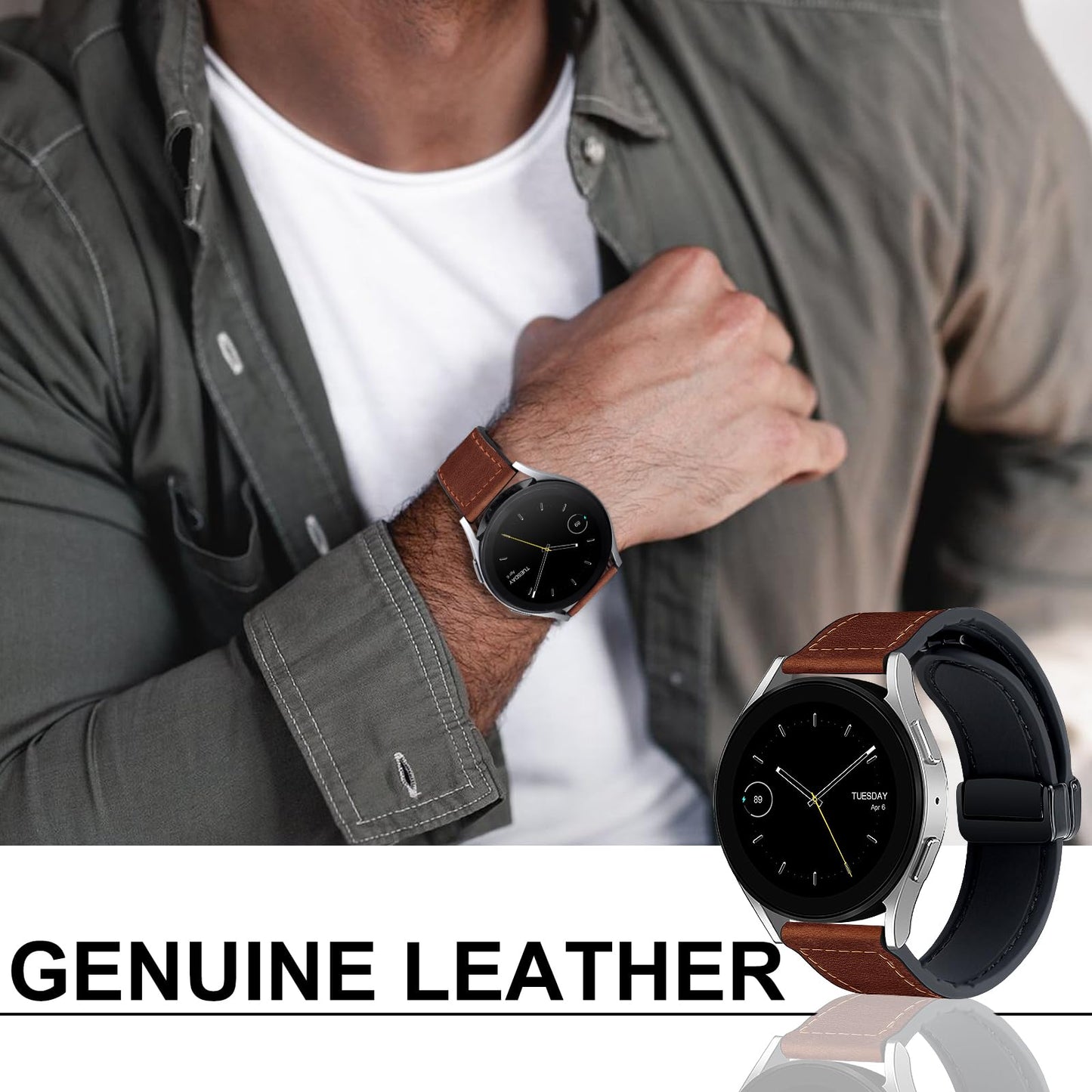 WestEagle Magnetic Leather Band Compatible with Samsung Galaxy Watch 7/6/5/4/Active 2 40mm 44mm/Watch 6 Classic 43mm 47mm/Watch 5 Pro 45mm/Watch 4 Classic 42mm 46mm, 20mm Strap for Men