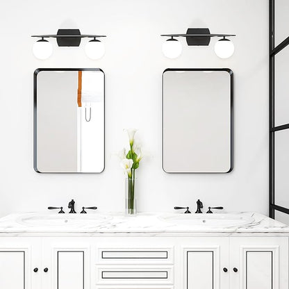 Black Vanity Lights for Bathroom, 2-Light 20 Inch Bathroom Lighting Fixtures over Mirror with Milky White Frosted Glass Shades, Wall Sconces for Bathroom, Bedroom, Living Room(G9 Bulb not Included)