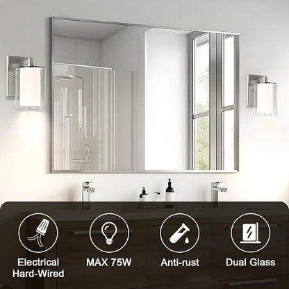 Wall Sconces Set of Two: Bathroom Sconce of 2, Silver Vanity Fixtures with Double Clear Glass Shade, E26 Base Hardwired Farmhouse Wall Lights for Bedroom Living Room Bathroom (Bulb not Included)