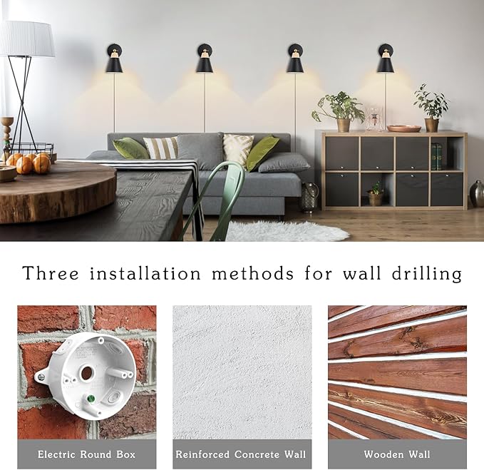 Wall Sconce with Metal Shade, Plug Switch, Indoor Decor Wall Mount Swing Arm Lamp for Bedroom,Hallway,Living Room,Reading, Black