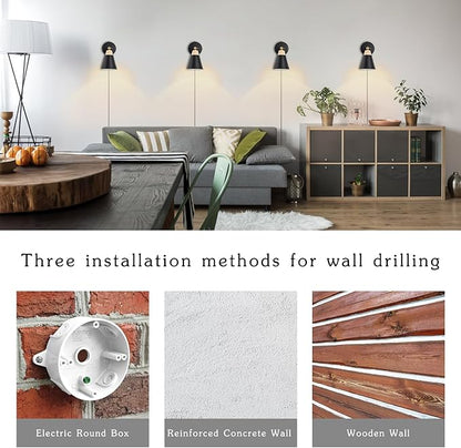 Wall Sconce with Metal Shade, Plug Switch, Indoor Decor Wall Mount Swing Arm Lamp for Bedroom,Hallway,Living Room,Reading, Black