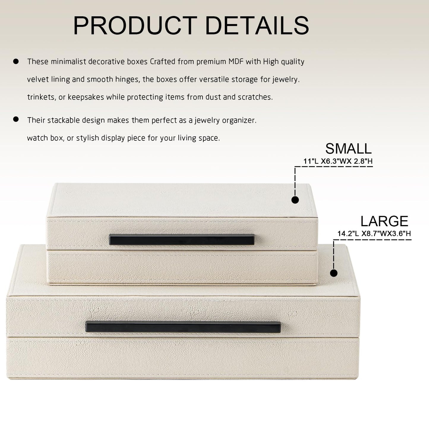 Set of 2 Beige Shagreen Decorative Storage Boxes with Black Metal Handles – Faux Leather Jewelry & Memory Boxes, Nesting Photo Organizers for Home Decor