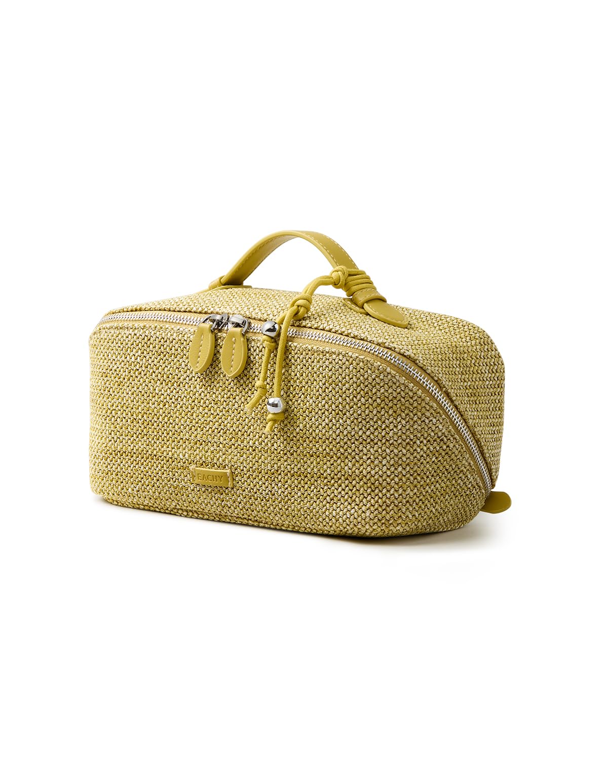 EACHY Makeup Bag, Woven Travel Toiletry Bag, Portable 180° Wide-Open Flat Cosmetic Bags for Women, Large Capacity Makeup Pouch with Divider and Handle
