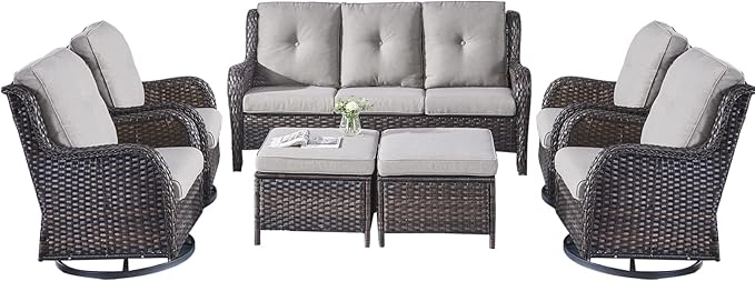 Rilyson Wicker Patio Furniture Set - 7 PC Rattan Outdoor Sectional Conversation Sets with 4 Swivel Rocking Chairs,2 Ottomans and 1 Sofa for Porch Deck Garden(Brown/Grey)