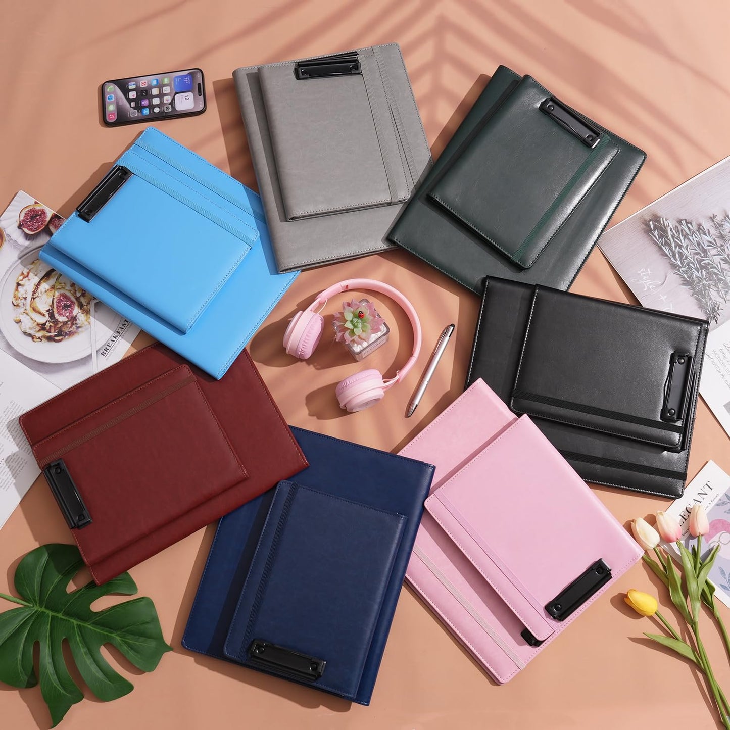 Wonderpool A4 PU Leather Clipboard Partfolio Notepad Forms Holders Document Case - Interview Planner Meeting Writing Padfolio File for Office Travel School Hotel (Grey, A4)