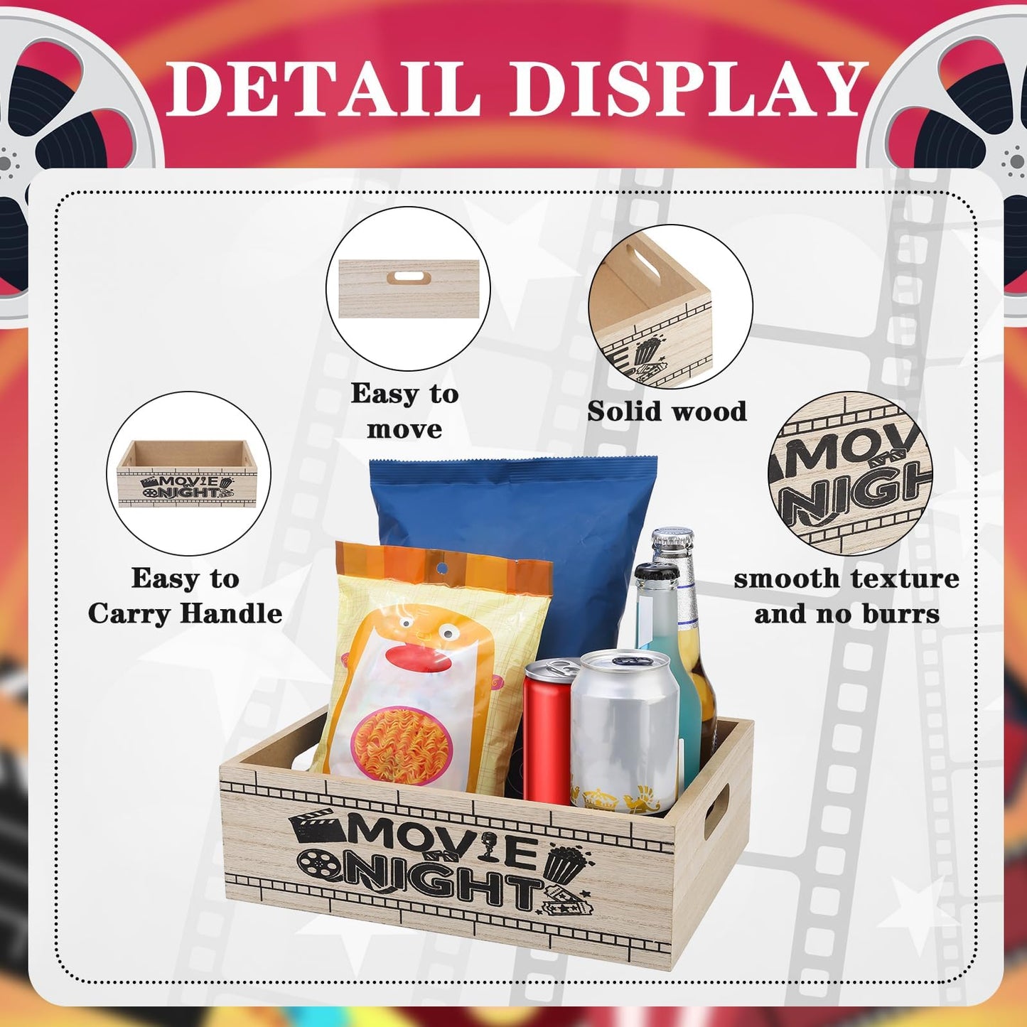 ZQUDBF Wooden Movie Night Snack Tray with Handles – Reusable Popcorn Bucket Organizer for Theater Room Decor – Sturdy Gift Basket for Family Movie Nights & Holiday Parties (Movie Night)