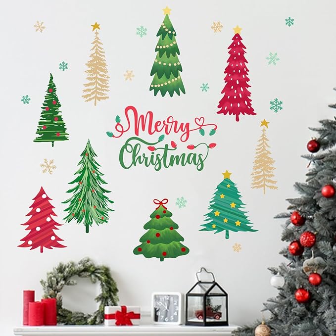Mfault Merry Christmas Tree Wall Decals Stickers, Xmas Snowflake Decorations Bedroom Art, New Year 2026 Home Kitchen Living Room Decor Winter Holiday Gift