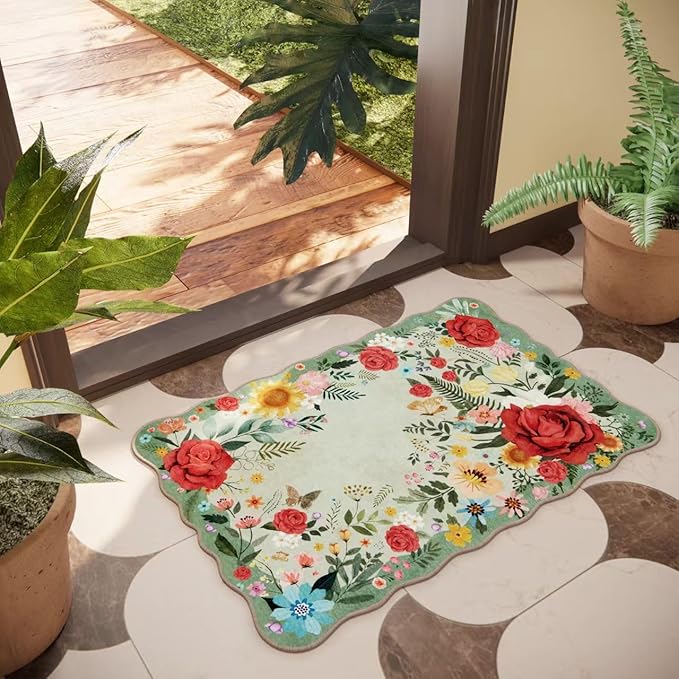 Washable Entryway Small Area Rugs: Door Mat Indoor Entrance 2x3 Floral Rug Ultra Thin Stain Resistant Non Slip Low Pile Lightweight Carpet for Kitchen, Front Door Decor (Light Green)