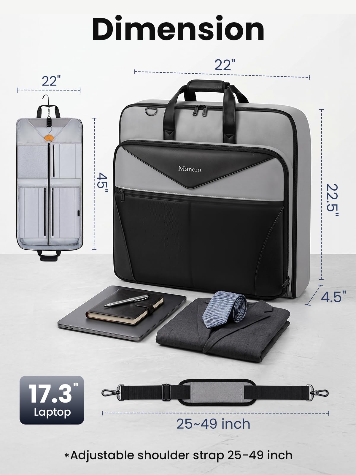 Mancro Garment Bags for Travel, Suit Bag Travel Fits 5 Suits with Shoe Pocket, Wrinkle Free Carry on Garment Bags for Hanging Clothes with Luggage Sleeve, Waterproof Suit Garment Bag for Men Women