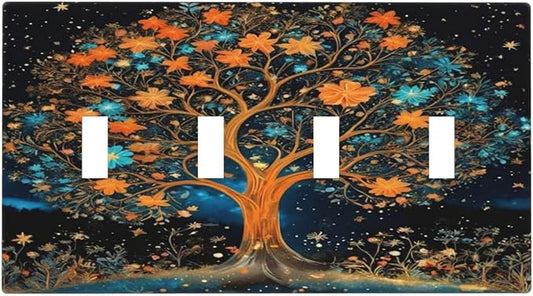 Magical Life Tree in Night Sky Light Switch Covers Quad Toggle 4 Gang Wall Plate Decorative Switchplate Electrical Faceplate for Farmhouse Bathroom Living Decor