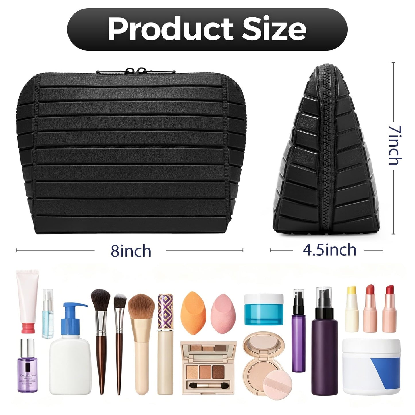 Travel Makeup Organizer Bag with Fold-Down Design and Adjustable Dividers, 27 Pockets & 3 Brush Storage Holders, Large Capacity Cosmetic Bags Toiletry Case- Black