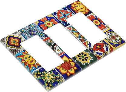 Traditional Colorful Talavera Mexican Spanish Moroccan Tiles Triple Rocker/Decora Wall Plate 3 Gang Light Switch Outlet Cover Plate Decorative Switchplate Electrical GFCI Faceplate for Bathroom Decor