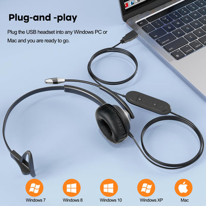 MKJ USB Headset with Microphone for PC, Computer Headset with Noise Cancelling Mic for Call Center and Office, Wired Headphones for Laptop UC Platforms Business Ms Teams Zoom Webex Facetime