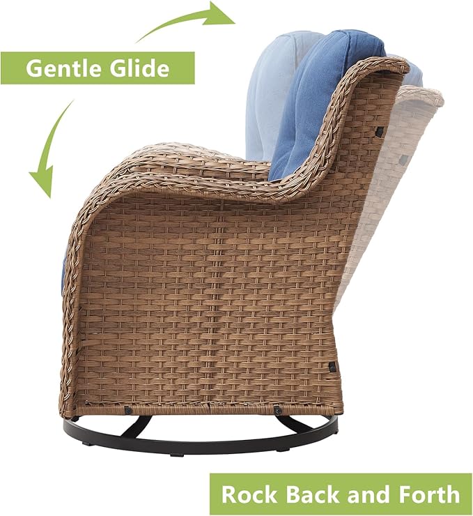 Rilyson Patio Furniture Swivel Chairs Set - 7 Piece Wicker Rattan Outdoor Sectional Conversation Sets with 4 Swivel Rocking Chairs,2 Ottomans and 1 Sofa for Porch Deck Garden(Yellow/Blue)