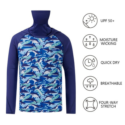 BASSDASH Youth UPF 50+ Hooded Shirts with Mask UV Neck Gaiter Sun Protection Long Sleeve T Shirt for Fishing Swim