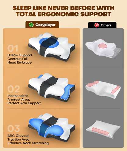 Cozyplayer True Cooling Cervical Neck Pillow for Pain Relief, Ergonomic Side Sleeper Pillow for Neck Support, Odorless Orthopedic Contour Memory Foam Pillows, Bed Pillow for Back Stomach Sleeper