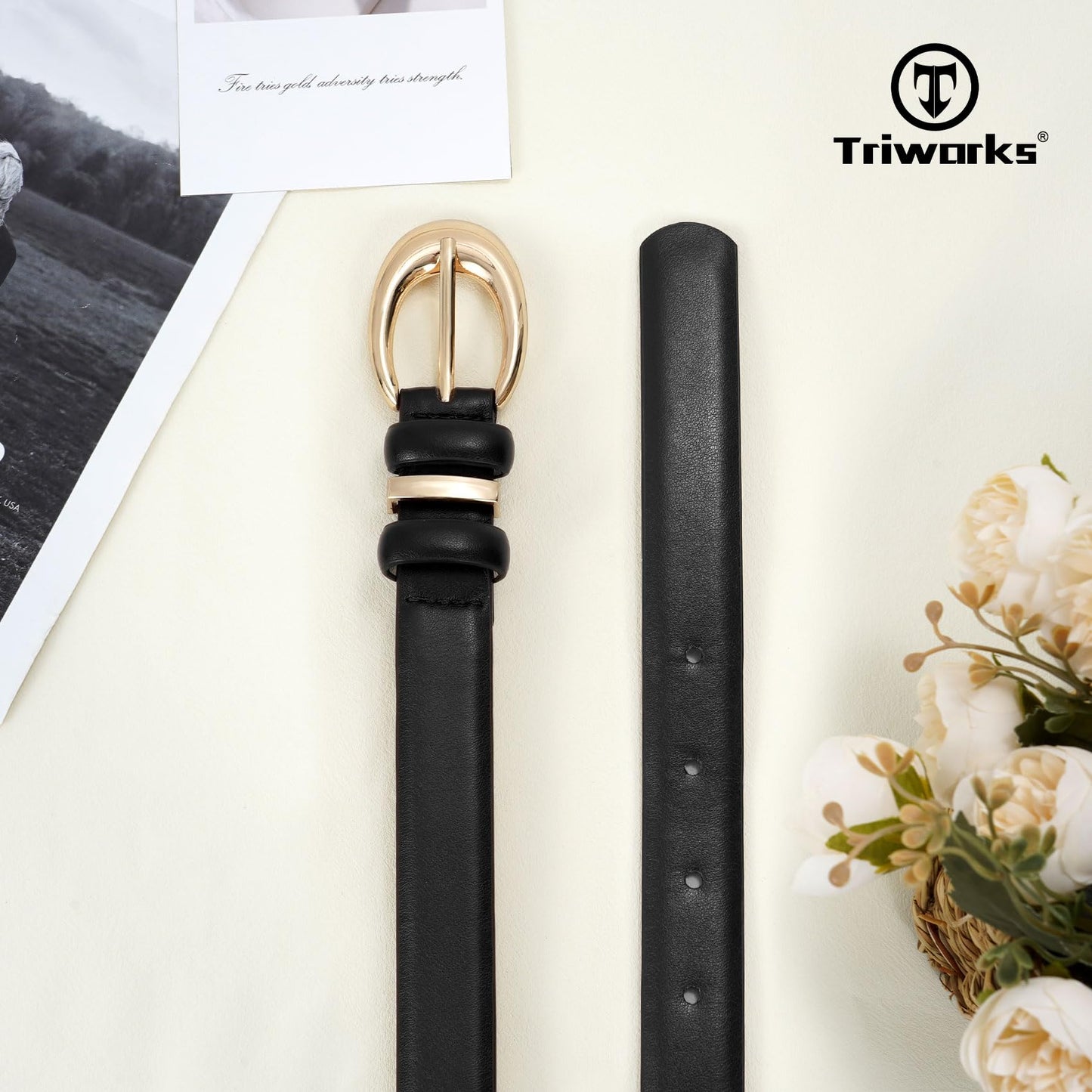 TRIWORKS Women Leather Belt for Jeans Pants Fashion Ladies Skinny Faux Leather Dress belt with Gold Buckle