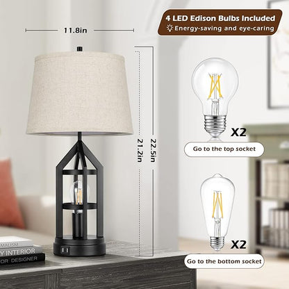 Farmhouse Table Lamps for Living Room Set of 2, 3-Way Dimmable Touch Control Bedside Lamps with 2 USB Charging Ports, Bedroom Reading Lamps for Nightstand, Rustic Home Decor, 4 LED Bulbs Included