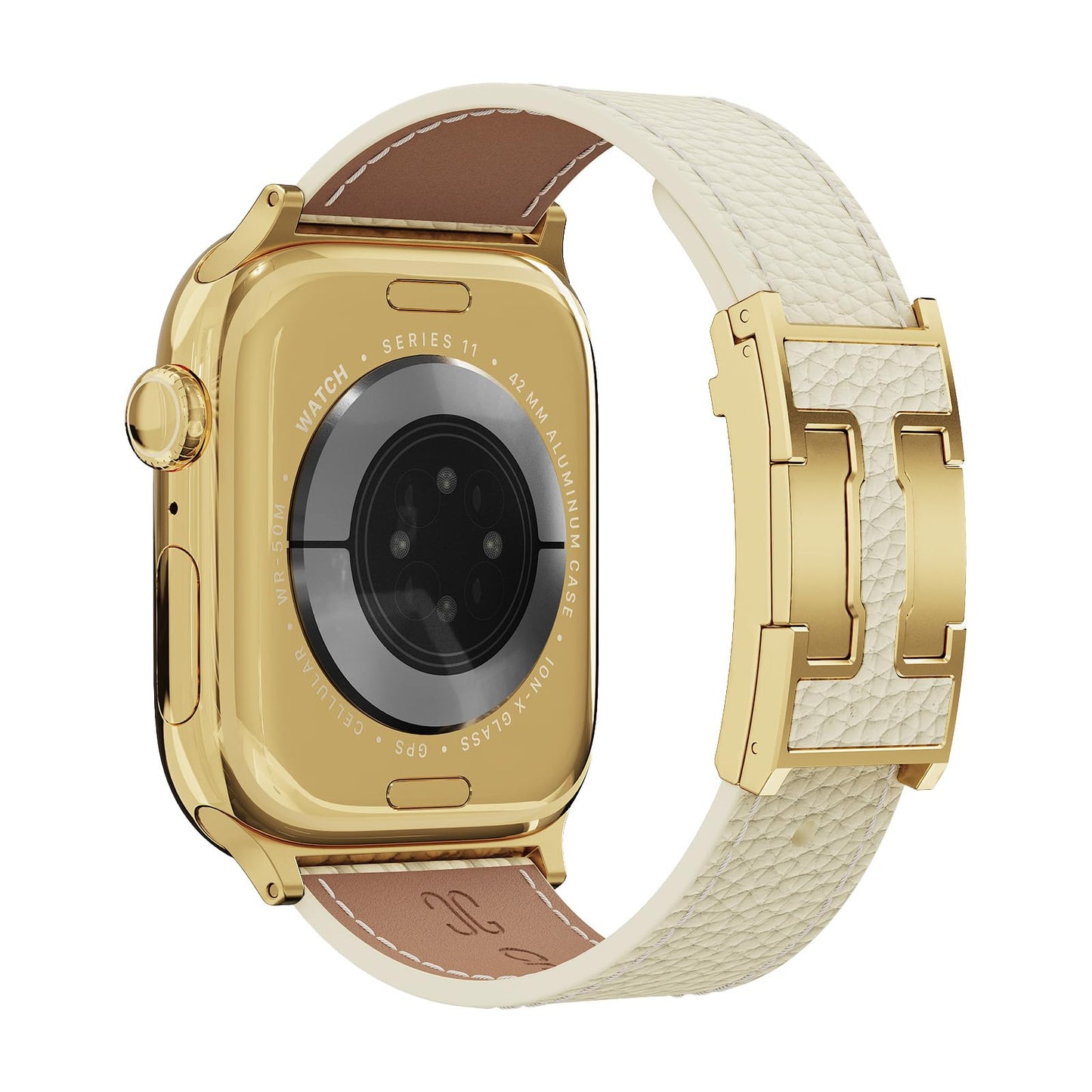 Leather Band Compatible with Apple Watch BandUltra 2 1 Series 10/9/8/7/6/5/4/SE,H-Shaped Buckle strap for iWatch 38/40/41/42/44/45/46/49mm Women Men (White Band + Gold H Buckle, 38mm 40mm 41mm 42mm)