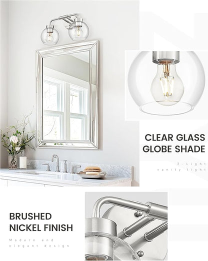 zeyu Modern Bathroom Vanity Lamp, Globe Vanity Light for Bathroom, 2-Light Wall Mirror Light, Brushed Nickel Finish with Clear Glass Shade, ZS62BG-2W BN
