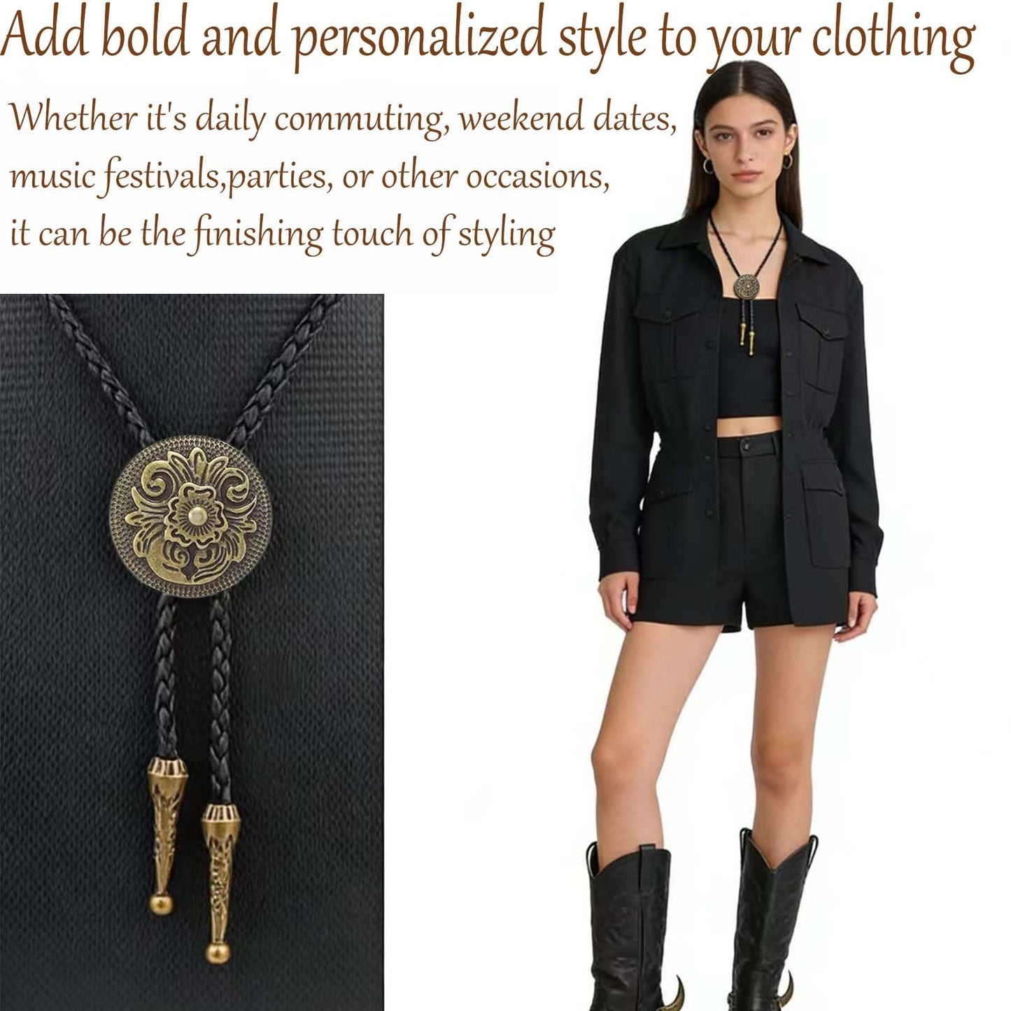 Daoofukeji 4Pcs Western Cowboy Bolo Tie for Men - Retro Engraved Alloy Pendant & Braided Leather Rope Necktie,Cowboy Ties Necklace Perfect for Daily Wear, Cosplay, Party, and Holiday Gifts