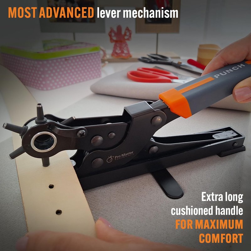 Pro-Master Desktop Leather Hole Puncher - Belt Hole Puncher for Leather with Tabletop Base - One Hand Use, Heavy Duty Carbon Steel, 6 Rotary Sizes 2-4.5mm for Watch Band, Shoes, Bag Strap & Crafts