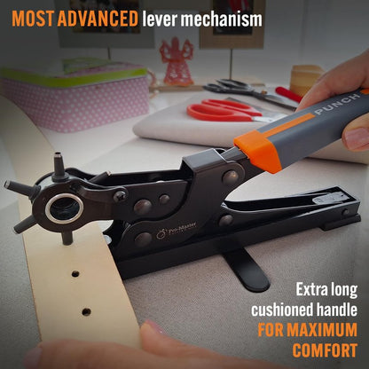 Pro-Master Desktop Leather Hole Puncher - Belt Hole Puncher for Leather with Tabletop Base - One Hand Use, Heavy Duty Carbon Steel, 6 Rotary Sizes 2-4.5mm for Watch Band, Shoes, Bag Strap & Crafts
