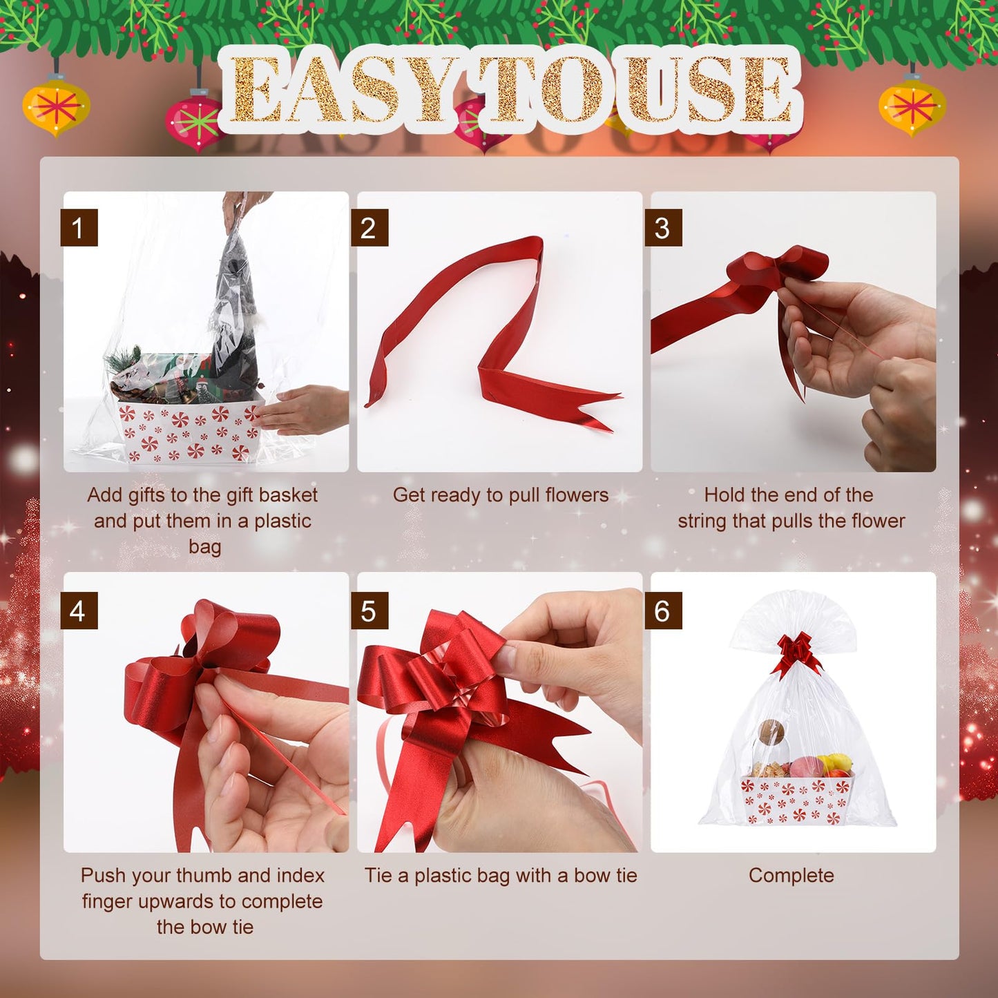 Moinchore 12 Pcs Christmas Basket for Gifts Empty 9.8 x 6.5'' Candy Cane Market Tray Red Cardboard Basket with Bows, Plastic Bags, Twist Ties, Empty to Fill for Holiday Birthday Xmas Party Favor
