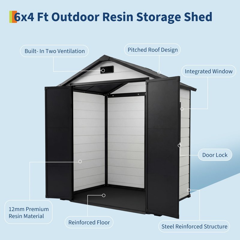 Garvee 6x4 FT Outdoor Storage Shed with Floor, Plastic Resin Garden Shed with Window & Sloping Roof & Lockable Door for Patio Backyard Garden, Lawn Mower, Bike, Tool Storage