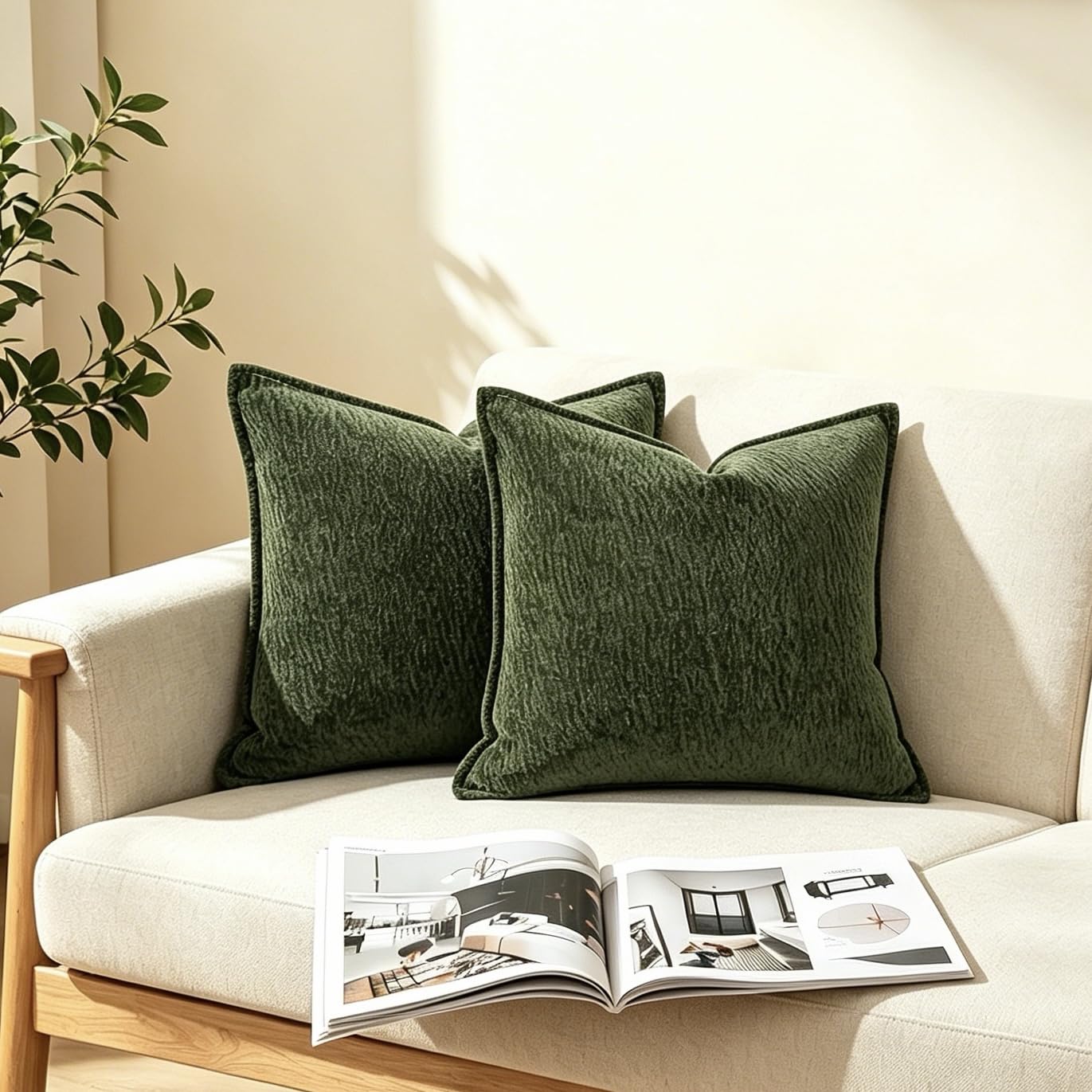 OYIMUA Chenille Throw Pillow Covers 20x20 Christmas Green Set of 2,Neutral Textured Square Decorative Pillow Covers Accent for Couch Sofa Bedroom Living Room