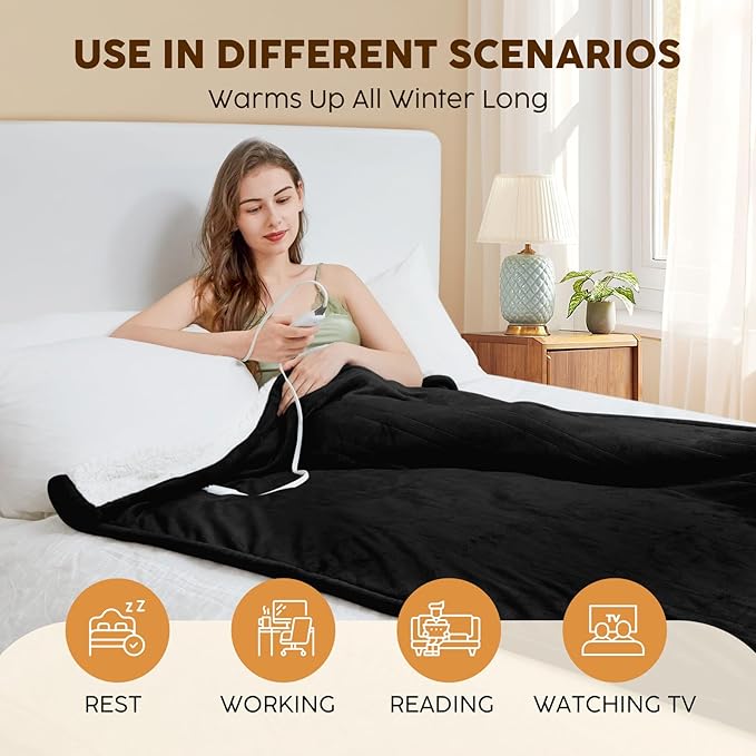 HYLEORY Heated Electric Blanket Queen 84"x90" Soft Fleece & Flannel with 5 Heating Levels & 10 Hours Timer Auto Shutt Off, ETL Certified, Washable，Heated Blanket for Body-Black