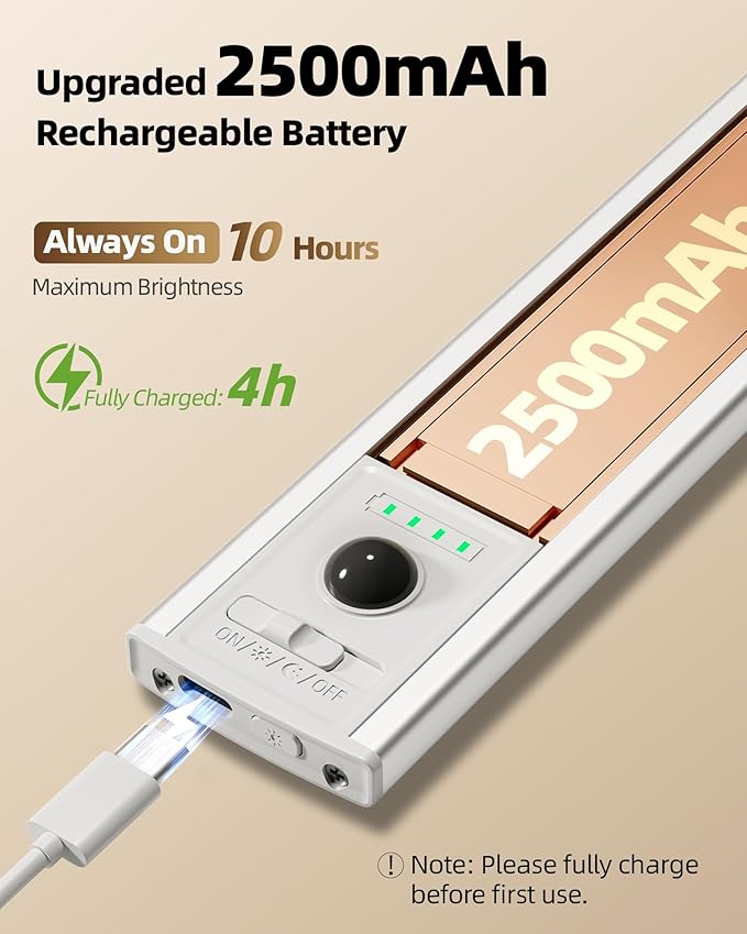 EZVALO 12inch Under Cabinet Lighting Wireless with Battery Indicator, 2500mAh Rechargeable Motion Sensor Light Indoor, 96 LED Under Counter Lights for Kitchen Closet, 3 Color Temps, Dimmable, 6 Pack