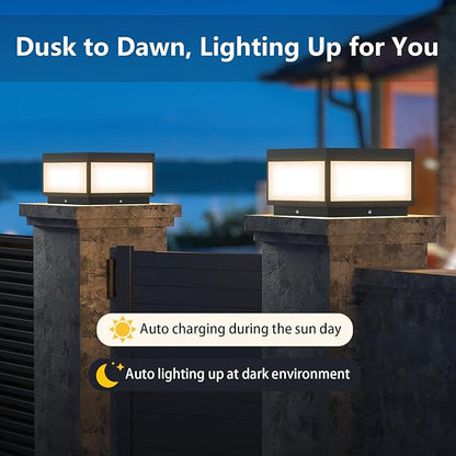 Outdoor Landscape Post Light, Modern 2-in-1 Solar and High Voltage Wired Waterproof Luxury Fence Deck Pillar Cap Patio Garden Decoration Lantern Column Lamp with 4 Different Lighting Color