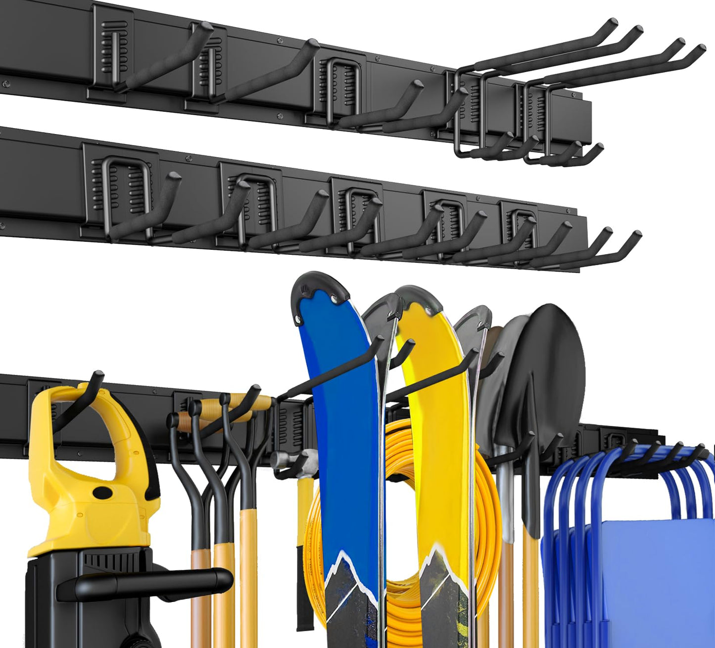 UUP 64 Inches Garage Storage, Garage Organization, Wall Mount Garden Tool Organizer, Max 620lbs Adjustable Metal Hooks, Yard Shed Rack, Tool Holder for Hanging Rake Broom Mop Snowboard, Home Gift