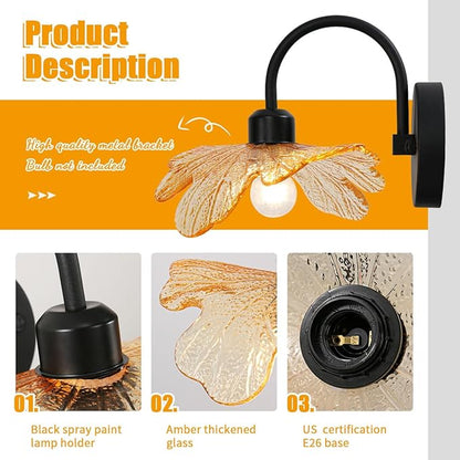 Black Wall Sconce 1-Light Black Bathroom Vanity Light Over Mirror, Modern Wall Light Fixture with Amber Glass Shade Flower Art Deco Wall Sconce Bedroom Wall sconces for Bedroom Hallway Living Room