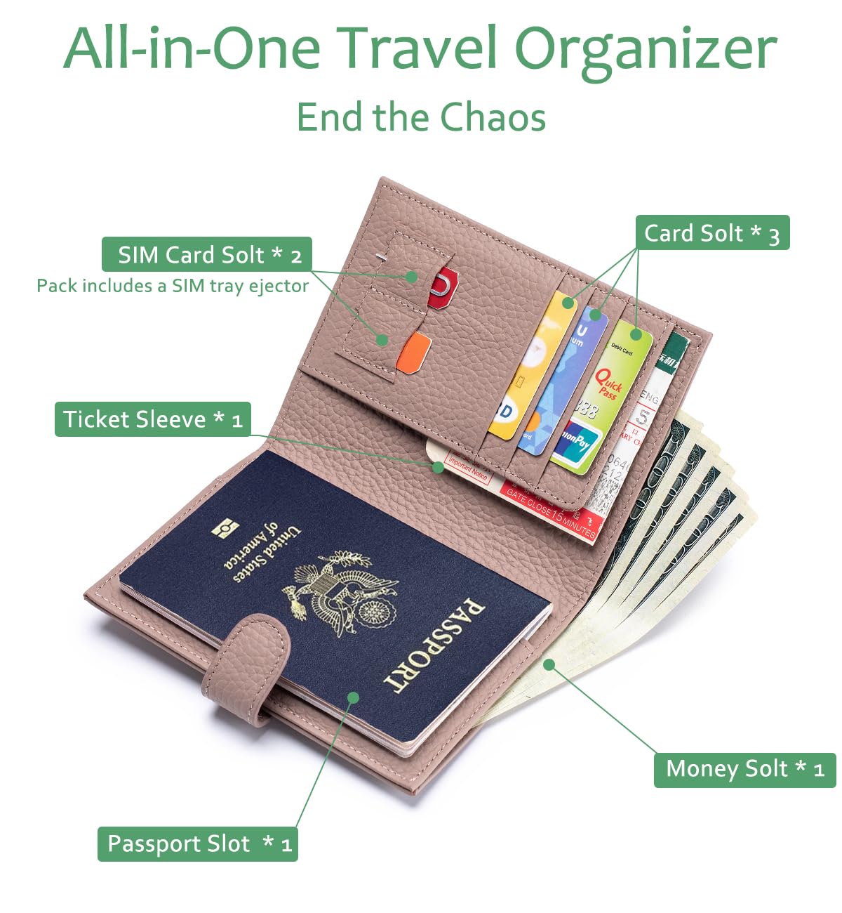 LnxLtw RFID Blocking Passport Holder for Travel Women – Leather Passport Holder for Men with Card Slots, Coin Wallet & SIM Slot – Slim Genuine Leather Travel Organizer – Mauve Pink