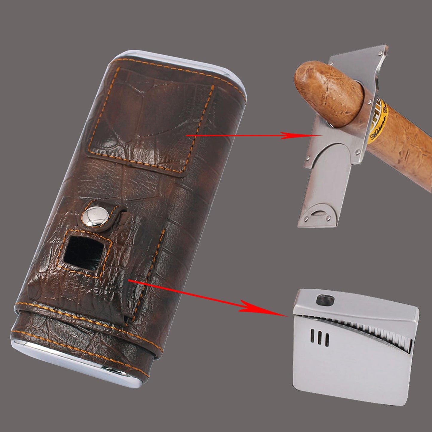 AMANCY Luxury 3 Holder Classy Black Brown Crocodile Pattern Leather Cigar Humidor Case Set with Lighter and Cutter - Great Cigar Gift Kit for men
