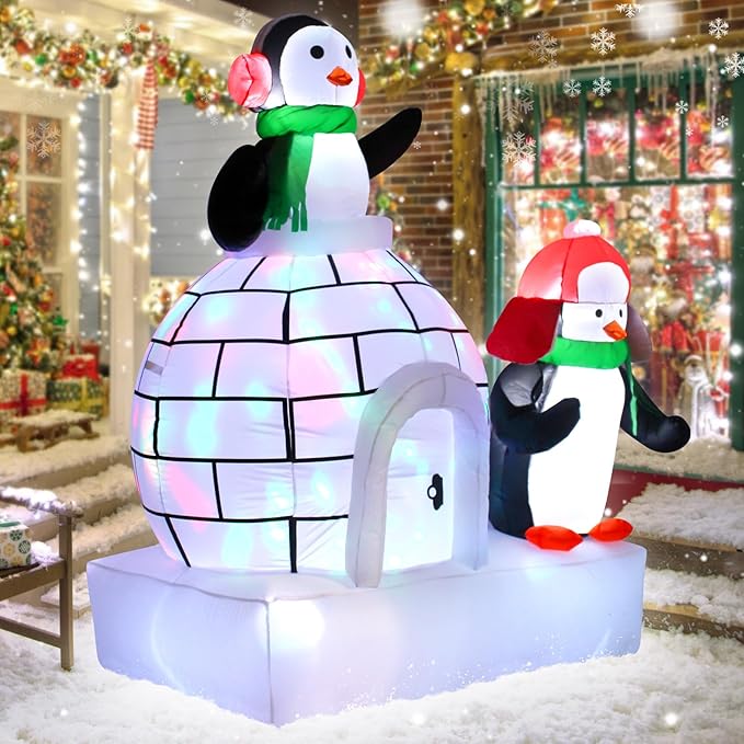 Christmas Inflatable Ice House Penguin 7 Feet Outdoor Decoration Featuring Two Adorable Penguins Ideal for Holiday Display with Built in LED Lights Perfect for Lawn Garden Entryway Christmas Party