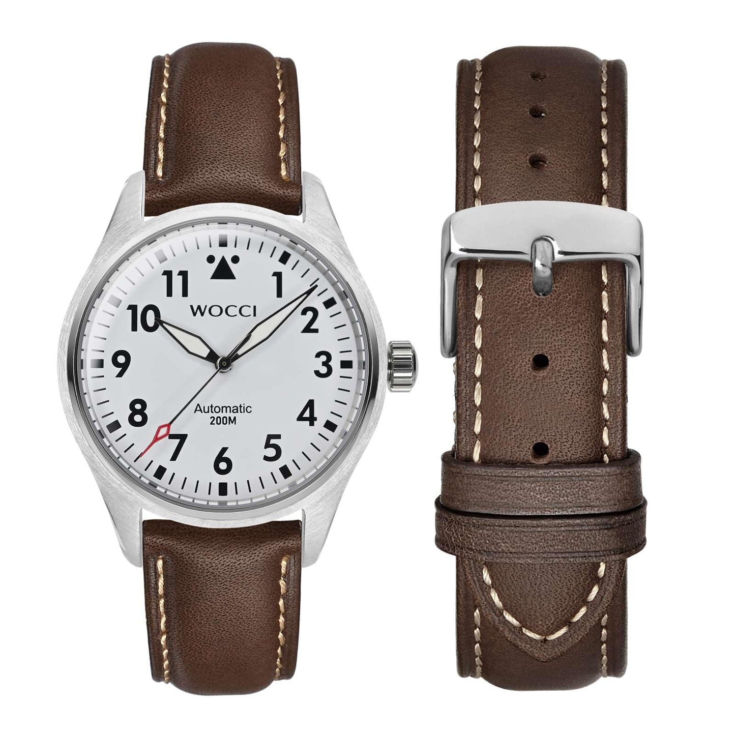 WOCCI 24mm Vintage Leather Watch Band for Men and Women, Silver Buckle (Dark Brown/Contrasting Stitch)