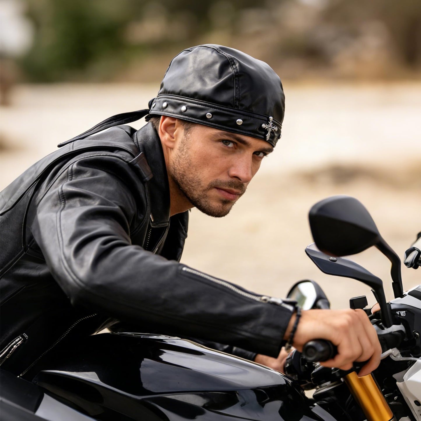 Vigdit Leather Biker Cap, Black Skull Cap for Women & Men, Adjustable Leather Punk Bandana Biker hat with Pants Chain