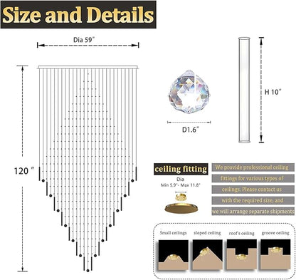 Flashing God D59''X H120'' Extra Large Chandelier for High Ceilings Crystal Raindrop Chandeliers Large Chandelier for Villa Entrance Foyer LED Dimmable Black Large Light Fixture