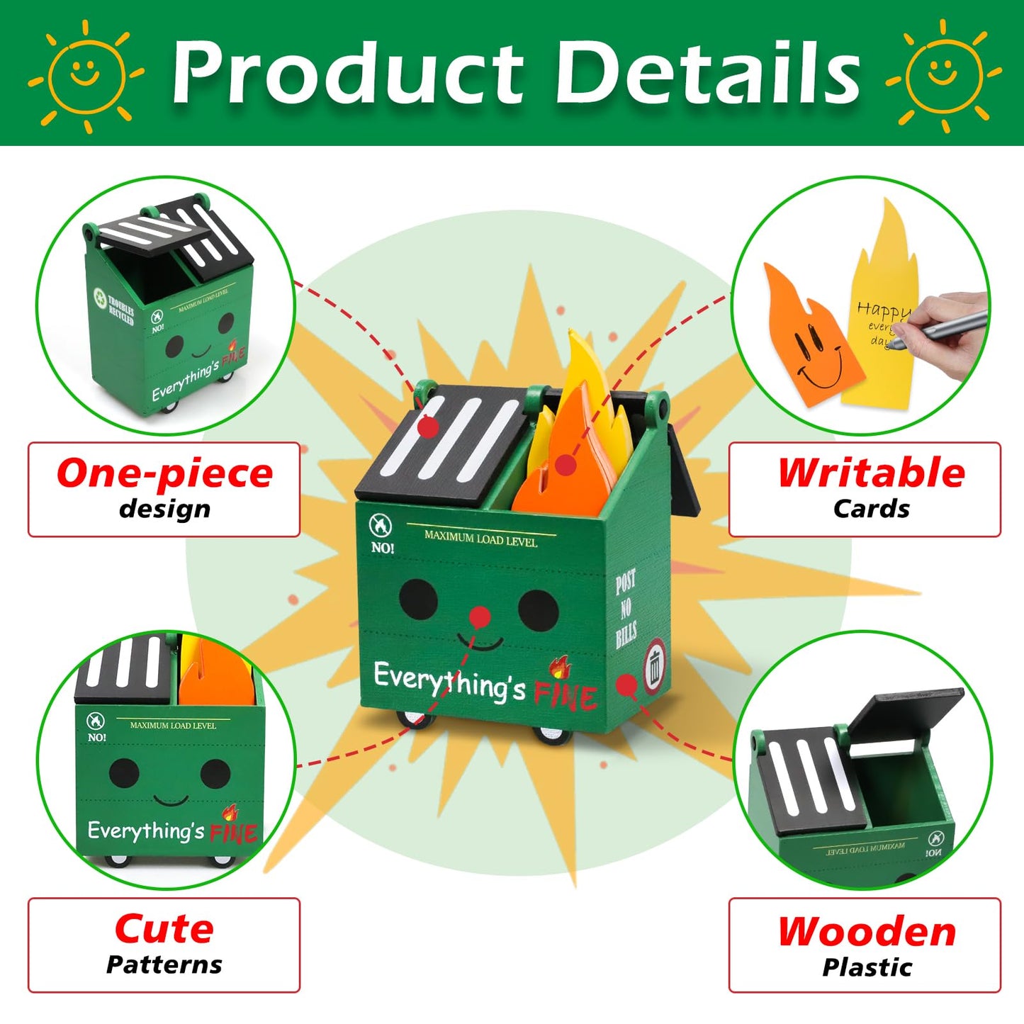PUNICA Dumpster Fire Pencil Holder with 100 Pcs Flame Note Cards, Funny Office Desk Accessories Decor, Great Gifts for Coworkers Teacher - Green (Already Assembled)
