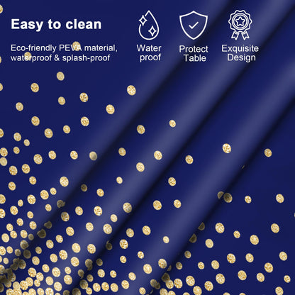 2 Pcs Navy Blue and Gold Plastic Tablecloth for Rectangle Table, 54 × 108 inches Disposable Gold Dot Dark Blue Party Table Covers for Anniversary, Wedding, Fine Dining, Graduation Party Decoration